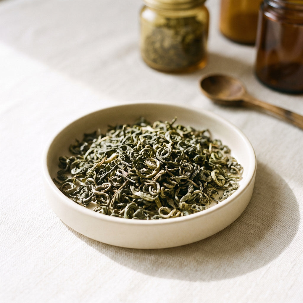 Loose green tea leaves